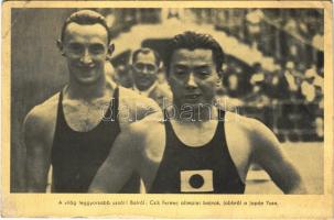 A világ leggyorsabb úszói! Balról: Csik Ferenc olimpiai bajnok, jobbról a japán Yusa. Olimpia sportlevelezőlap terjesztő vállalat 156/1936 I.2. / Hungarian and Japanese swimming champions (EB)