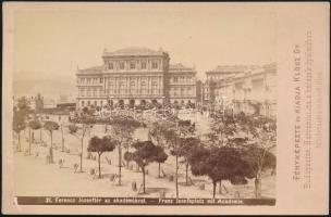 cca 1880 Budapest, Ferenc József tér az Akadémiával, keményhátú fotó Klösz György műterméből, 16,5×11,5 cm