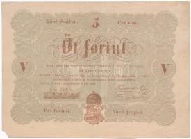 1848. 5Ft Kossuth bankó barna nyomat T:III szép papír, két függőleges hajtás, sarokhiány Adamo G109A