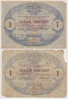 Montenegró 1914. 1P (2x) alig olvasható bélyegzéssel T:III egyik anyaghiánnyal Montenegro 1914. 1 Perpera (2x) with barely readable cancellation C:F one with missing material Krause 9.