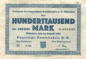 Német Birodalom/Weimari Köztársaság/München/Bayeriche Bauindustrie 1923.8.24. 100.000M T:II