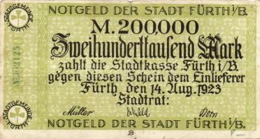 Német Birodalom/Weimari Köztársaság/Fürth 1923.8.14. 200.000M zöld sorszámmal T:III