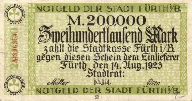Német Birodalom/Weimari Köztársaság/Fürth 1923.8.14. 200.000M piros sorszámmal T:III