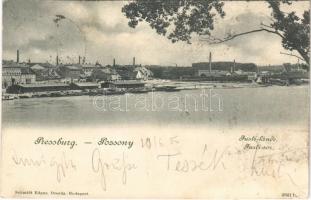 1900 Pozsony, Pressburg, Bratislava; Justi sor, Dunapart, gyárak / Justi-lände / Danube riverside, factories (EK)