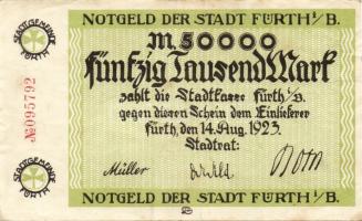 Német Birodalom/Weimari Köztársaság/Fürth 1923.8.14. 50.000M piros sorszámmal T:II/III+