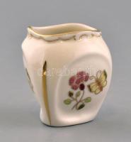 Zsolnay háromoldalú, pillangómintás porcelán mini váza, kézzel festett, jelzett, kis kopásokkal, m: 5 cm