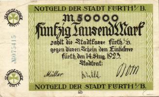 Német Birodalom/Weimari Köztársaság/Fürth 1923.8.14. 50.000M kék sorszámmal T:II/III