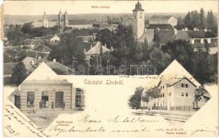 1904 Léva, Levice; látkép, vasútállomás, Petőfi utca, Dukesz Lipót üzlete és saját kiadása / general view, railway station, shop, street