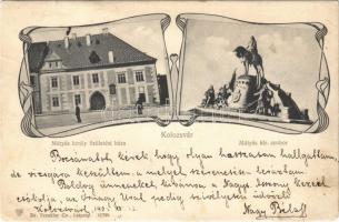 1902 Kolozsvár, Cluj; Mátyás király szülőháza, Mátyás király szobor. Dr. Trenkler Co. / birthplace and statue of Matthias Corvinus. Art Nouveau (EK)