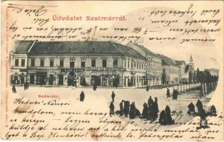 1902 Szatmárnémeti, Szatmár, Satu Mare; Deák tér, Inglik József, Kőhalmi Gyula, Szabó István, Czukor Adolf üzlete, piaci árusok. Weisz Izsák kiadása / square, shops, market vendors (EK)