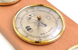 Háromrészes fa-fém barométer, 32,5x11 cm