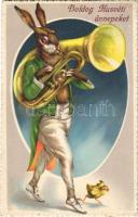 1929 Boldog Húsvéti ünnepeket! Nyúl szouszafonnal / Easter greeting, rabbit playing on the sousaphone. SB 930. litho (EK)