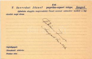 Szeredai József szegedi henteskellék nagykereskedés reklámlapja, paprika export telep / Hungarian pe...