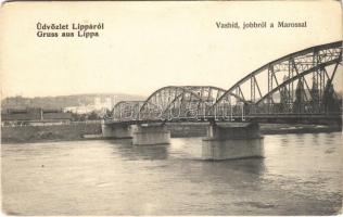 Lippa, Lipova; vashíd, jobbról a Marossal / bridge, Mures river (EK)