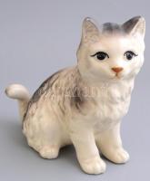 Porcelán macska figura, kézzel festett, jelzetlen, kis lepattanással, m: 16 cm