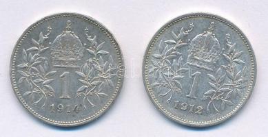 Ausztria 1912-1914. 1K Ag "Ferenc József" (2xklf) T:2 Austria 1912-1914. 1 Corona Ag "...