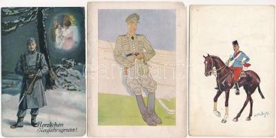 3 db RÉGI katonai művész motívum képeslap vegyes minőségben / 3 pre-1945 military art motive postcards in mixed quality