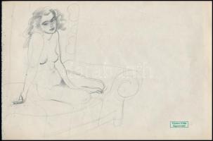 Gyenes Gitta (1888-1960): Ábrándozó női akt. Ceruza, papír, hagyatéki pecséttel jelzett, 19,5×30 cm