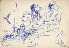 Péli Tamás (1948-1994): A hajótörött, 1979 (szürrealista rajz). Toll, papír, jelzett. Lap bal felső sarkában kisebb törésnyommal. 20,5x29 cm / Ball point pen on paper, signed.