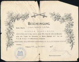 1917 K. u. k. katonai parancsnokság által kiállított német nyelvű igazolvány szakadással