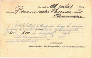 1911 Oroszka, Pohronsky Ruskov; Granthaler Zuckerfabriks-Actien-Gesellschaft / Garamvölgyi Cukorgyár Rt. reklám / card of the sugar factory advertisement (EK)