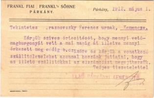 1912 Párkány, Stúrovo; Frankl Fiai keményítő- és csirizgyár reklám / Frankls Söhne / Frankls starch factory advertisement