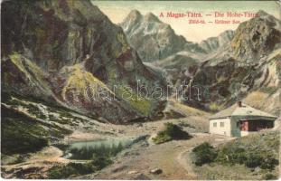 1907 Tátra, Magas-Tátra, Vysoké Tatry; Zöld-tó, menedékház. Divald Károly 1468-1907. / Zelené pleso / Grüner See / lake, chalet, tourist house (EK)