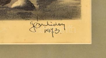 Bánhiday (?) jelzéssel: Vízparti fények, 1973. Ceruza, papír. Üvegezett fa keretben. 30,5x21,5 cm