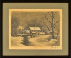 Bánhiday (?) jelzéssel: Téli havas táj, 1973. Ceruza, papír, foltos. Üvegezett fa keretben. 19,5x27,5 cm