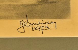 Bánhiday (?) jelzéssel: Téli havas táj, 1973. Ceruza, papír, foltos. Üvegezett fa keretben. 19,5x27,...