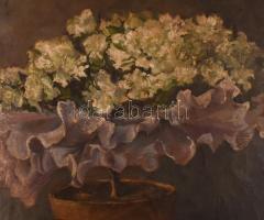 Sass Margit (1892-): Csendélet virággal és gyümölcsökkel. Olaj, vászon, javított. Jelzett. Kissé sér...