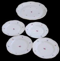 Zsolnay porcelán virág mintás hiányos süteményes készlet: Tál, d: 30 cm és 4 db tányér, d: 19 cm. Matricás, mind jelzett, mind kopásnyomokkal.