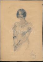 Bednár János (1886-1932): Art-deco hölgy portréja, 1925. Ceruza, papír, jelzett. Lap jobb felső sarkában kisebb szakadással, 28,5×21 cm