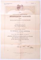 1917 K. u. k. Kriegsministerium által kiállított medálviselésre jogosító oklevél, nyomtatott aláírással, pecsétnél szakadással
