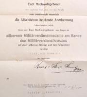 1917 K. u. k. Kriegsministerium által kiállított medálviselésre jogosító oklevél, nyomtatott aláírás...
