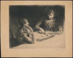 Norbert Goeneutte (1854-1894): Társasjátékkal játszó hölgyek. Rézkarc, hidegtű, papír, jelzett. 16×20 cm / Norbert Goeneutte (1854-1894): Playing ladies. Etching and drypoint on paper, signed. 16x20 cm