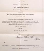 1917 K. u. k. Kriegsministerium által kiállított medálviselésre jogosító oklevél, nyomtatott aláírás...