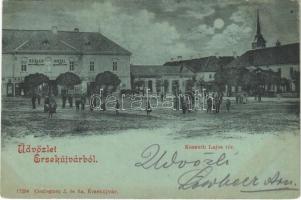 1900 Érsekújvár, Nové Zámky; Kossuth Lajos tér, Szálló az Arany Oroszlánhoz, üzletek. Conlegner J. és fia kiadása / square, hotel, shops (fl)