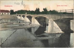 1912 Érsekújvár, Nové Zámky; Nyitra folyó hídja. Vasúti Tőzsde kiadása / Nitra river bridge (fl)