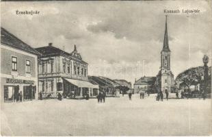 1915 Érsekújvár, Nové Zámky; Kossuth Lajos tér, Leuchter Izidor üzlete. Vasúti Levelezőlapárusítás 7391. / square, shops, church (EK)