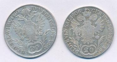 1806B 20kr Ag "I. Ferenc" (6,69g) + Ausztria 1810A 20kr Ag "I. Ferenc" (6,68g) T...