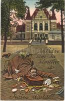 1924 Kassa, Kosice; Práve som sa stastlive do Kosic dostal! / Sikeresen megérkeztem! humoros montázs a vasútállomással, Falkenstein és Zimmer reklám, Szlovák könyvnyomda / railway station, humorous montage (EK)