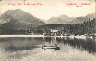 1909 Tátra, Magas-Tátra, Vysoké Tatry; Csorba-tó, csónakázók. Divald Károly műintézete 1439-1908. / Csorbasee / Strbské pleso / lake, rowing boat (apró lyuk / tiny pinhole)