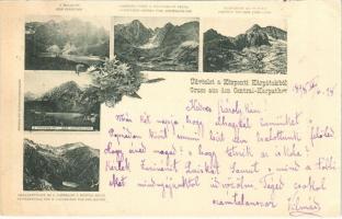 1898 Tátra, Magas-Tátra, Vysoké Tatry; Halas-tó, Lomnici csúcs a Kőpataki-tó felől, táj részlet az Öt-tónál, Poprádi-tó, Omladékvölgy és a Poprádi-tó a Bástya felől. Fénynyomat Divlad K. Fia / Der Fisch-See, Lomnitzer-Spitze vom Steinbach-See, Parthie bei den Fünf-Seen, Der Popper-See, Trummertal und d. Popper-See von der Bastei / Fatransko-tatranská oblast / Carpathian Mountains. Floral (EK)