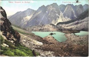 Tátra, Magas-Tátra, Vysoké Tatry; Békás-tó és Bástya. Cattarino S. utóda Földes Samu kiadása 226. sz. / Frosch-See und Bastei / lake, mountain peak (EK)