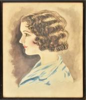 Olvashatatlan jelzéssel: Női portré, 1942. Akvarell, ceruza, papír, üvegezett fa keretben, 50×37 cm
