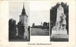 Jászfényszaru, templom, utca, hősök szobra (kopott sarkak / worn corners)