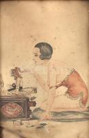 Jelzés nélkül: Tiszta erotika. Akvarell, karton, foltos. Üvegezett fa keretben, üveg bal alsó sarkában törött. 27,5×19 cm