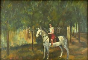 Németh G 1956 jelzéssel: Hölgy lovon. Olaj, karton. Üvegezett fa keretben. 32×46 cm