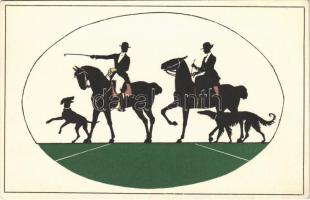 Lovagló pár kutyákkal, sziluett / Couple on horses with dogs, silhouette (EK)
